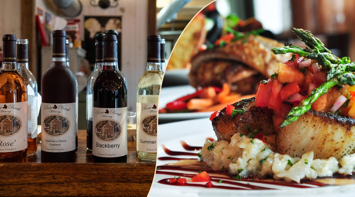 Wineries and dining experiences near Atlee Square, showcasing picturesque wine bottles and fine dining.